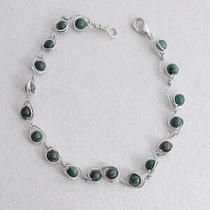 Sterling Silver Green Malachite Beads Bracelet 925 9" Anklet Dainty Boho Stack